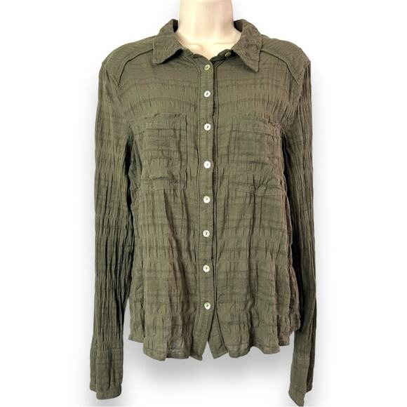 Free People Tops - Free People Textured Gauzy Long Sleeve Button Down Top, Olive Green, Size M